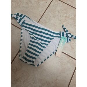 Sand Castle Womens Bikini Bottom Side Tie Jade Green White Striped Size S NWT